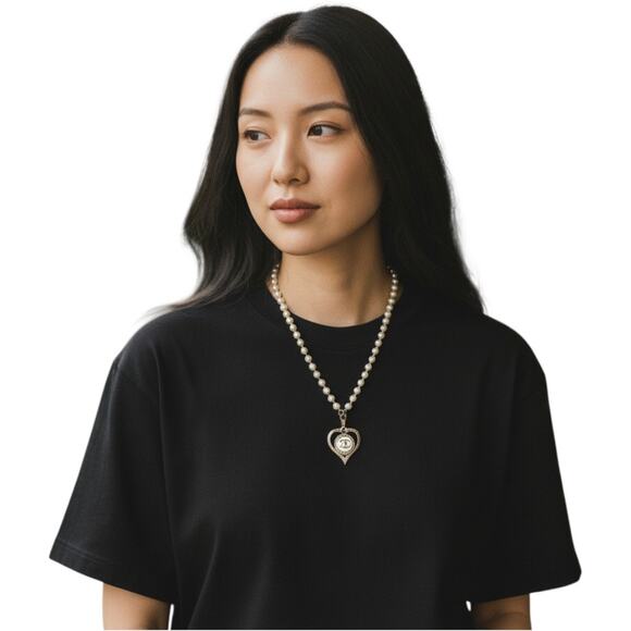 Upcycled Designer Button Heart Pendant on Pearl Rosary Style Necklace - Picture 5 of 5